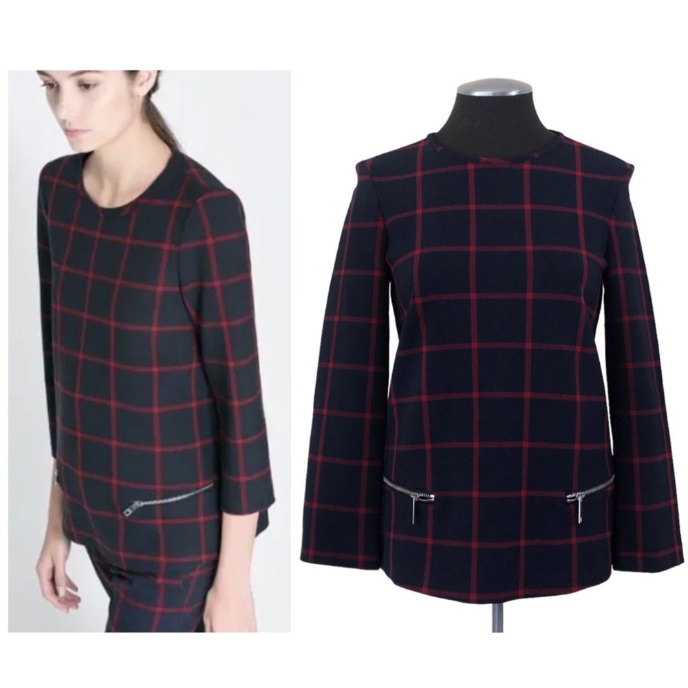 Zara Woman - Navy and Red Checkered Windowpane Zip Top - Small
